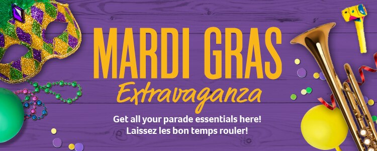 Mardi Gras Extravaganza - get all your parade essentials here! Laissez les bon temps rouler!